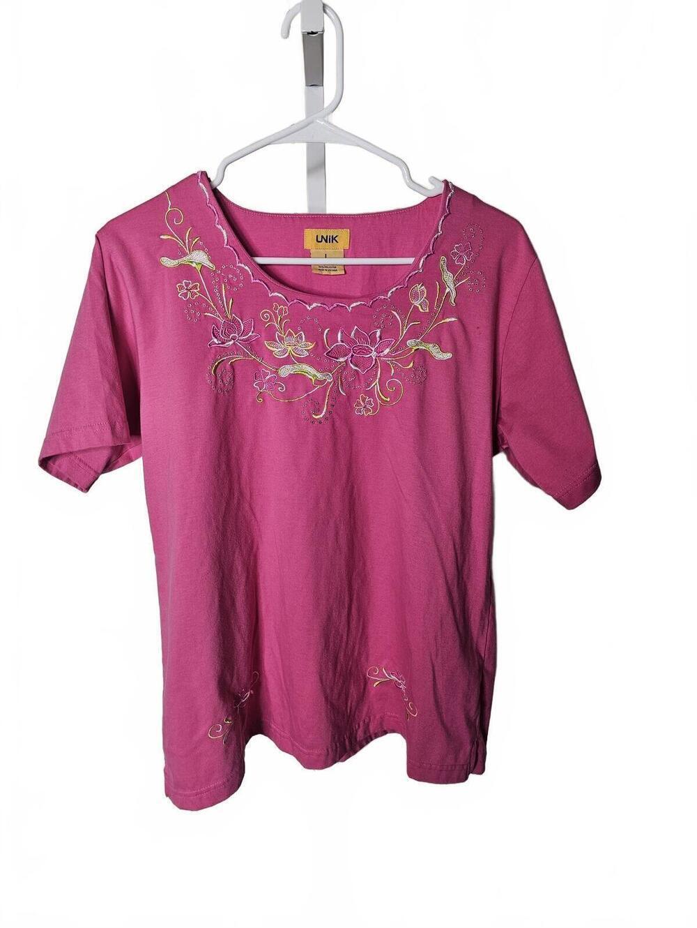 UNIK Pink Embroidered Floral Short Sleeve Shirt Large